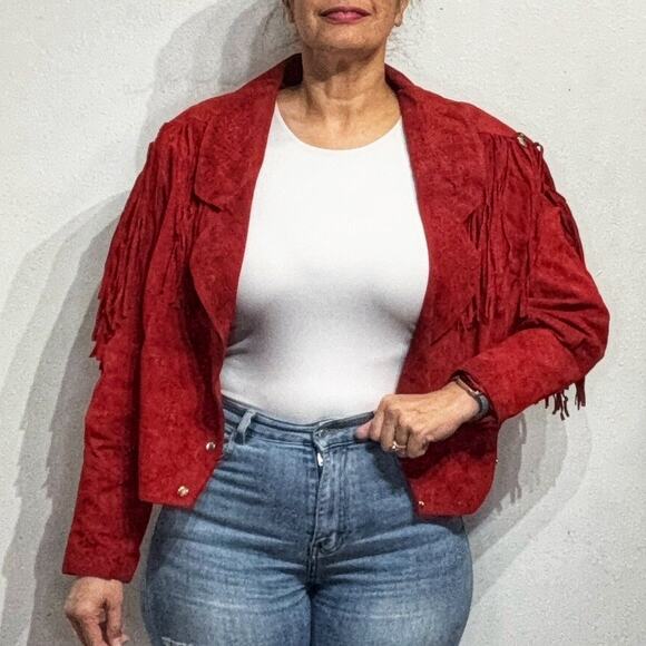 Outerbound by HMS Red Cropped Fringe Vintage Leather Jacket Sz M - Picture 5 of 16